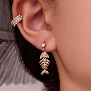 Boucles D'oreilles Pendantes Arête De Poisson Et Ear Cuffs Zircon Acier Inoxydable Plaqué Or Bijoux Mode Femme