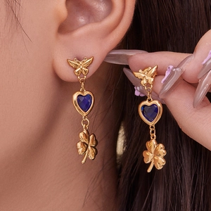 Butterfly Heart Glass Stone Clover Drop Earrings Stainless Steel Elegant Vintage Jewelry For Women