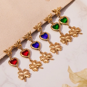 Golden butterfly heart zircon earrings set featuring colorful stones and clover charms