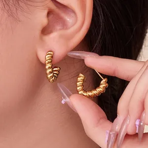Stainless Steel Croissant Twisted Hoop Earrings 18K Gold Plated French Retro C Shaped Chunky Minimalist Jewelry For Women