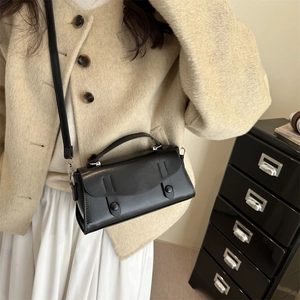 Retro black leather square crossbody bag with handle and stylish stitching for women