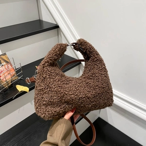 Sac à Épaule Hobo Décontracté en Peluche Teddy Fleece pour Femmes Sac à Main Demi-Lune en Fausse Fourrure Avec Bandoulière
