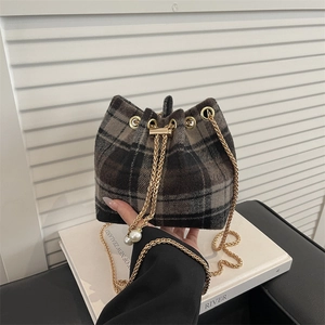 Borsa A Secchiello In Lana A Quadri Retrò Autunno Inverno Borsa A Tracolla Con Catena E Ciondoli Di Künstliche Perle Donna