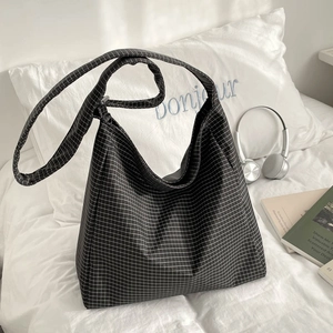 Sac Tote en Toile à Carreaux pour Femmes Grande Capacité Sac à Bandoulière Épaule Vintage Décontracté Littéraire Navette Main