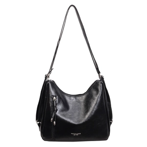 Minimalist black polished leather tote bag with double thin shoulder straps and zipper details