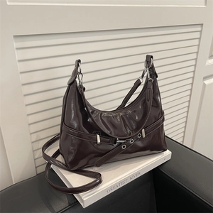 Women Fashion Shiny Underarm Bag Retro Hobo Shoulder Bag With Belt Buckle Minimalist Synthetic Leather Handbag Daily Purse