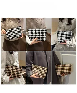 Detailed views of the houndstooth jacquard cosmetic bag styled with various outfits