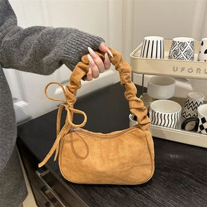 Sac Sous Les Aisselles En Daim Rétro Pour Femme Bandoulière Plissée Avec Noeud Papillon Mode Couleur Unie Petit Sac Hobo