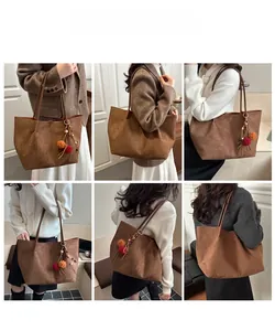 Detail view of large brown tote bag with decorative tassel charm in various indoor settings
