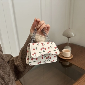 Women Mini PU Leather Chain Shoulder Bag Sweet Cherry Strawberry Lip Print Small Square Crossbody Bag Fashion Accessories