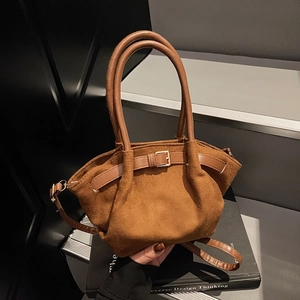 Vintage Faux Suede Tote Bag For Women Fashion Crossbody Shoulder Handbag With Belt Buckle Decor Small Casual Travel Bag