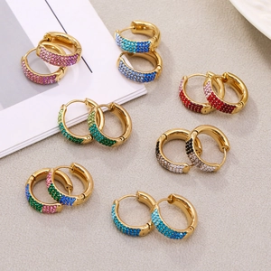 Colorful zircon paved hoop earrings set in 18k gold plated stainless steel