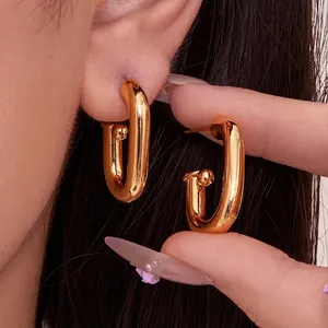 Boucles D'oreilles Créoles Ovales En Forme De U Cuivre Poli Miroir Plaqué Or 18K Style Français Minimaliste Bijoux Modernes Pour Femmes