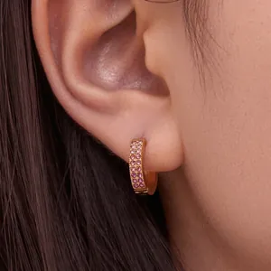Stainless Steel Hoop Earrings With Double Row Gradient Zircon Gold Plated Light Luxury Minimalist C Shaped For Women