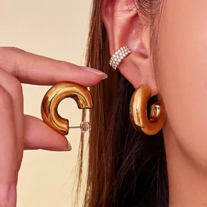 Chunky C-Shaped Hoop Earrings 18K Gold Plated Stainless Steel Minimalist Geometric Lightweight Jewelry For Women
