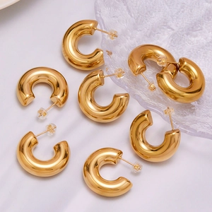 Polished 18k gold plated stainless steel chunky C-shaped hoop earrings for women