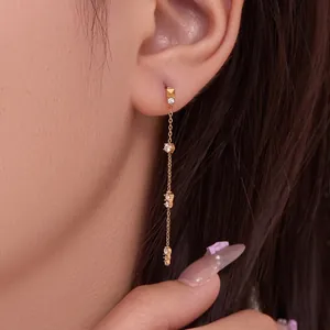 Boucles D'oreilles Longues À Pampilles En Acier Inoxydable Plqué Or 18 Carats Zircone Cubique Bijoux Mode Femme