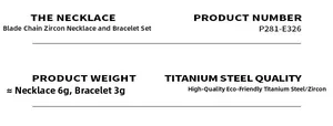 Detailed spec sheet for titanium steel blade chain necklace and zircon bracelet set