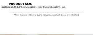 Size chart showing width and length of zircon blade chain necklace and bracelet set