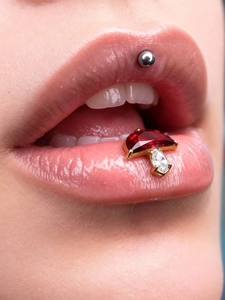 Macro shot of gold mushroom labret stud with red ruby and clear zircon gems