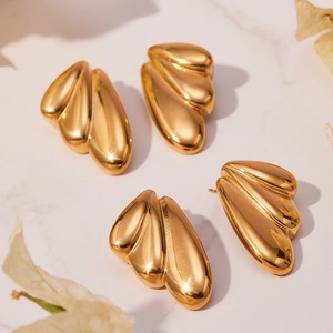 Polished 18k gold plated stainless steel wave textured stud earrings set of four