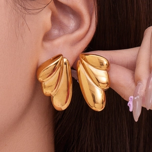 Golden fan-shaped geometric stud earrings with polished 18k gold plating for women