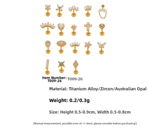Detailed chart showing titanium labret studs with zircon and opal in various star shapes