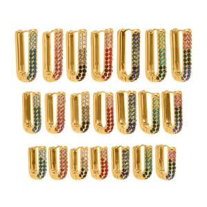 Set of 18k gold plated U-shaped hoop earrings with multi-colored 5A cubic zirconia stones