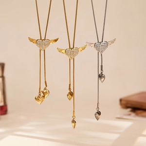 Elegant stainless steel heart wing necklace with zircon in gold and silver finish