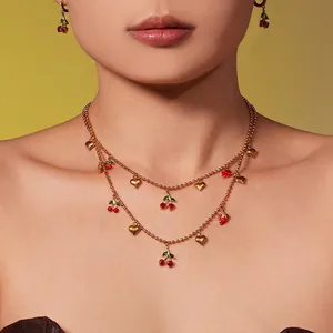Bijoux En Acier Inoxydable Zircon Cerise Fraise Coeur Pendentif Collier Bracelet Boucles D'oreilles Chevillère Mode Doux