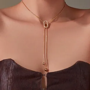 Collier Lariat Ajustable Acier Inoxydable Plaqué Or 18K Zircon Cubique Pendentif Coulissant Ovale Bijoux Élégants Femmes