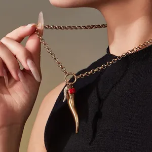 Cornicello Pendant Necklace Stainless Steel 18K Gold Plated Zircon Ladybug Italian Horn Jewelry For Women