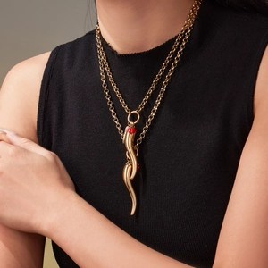 Chunky 18k gold plated stainless steel necklace with red chili pepper pendants for women