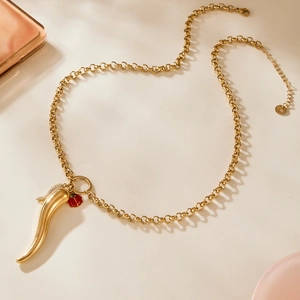 18k gold plated stainless steel cornicollo horn necklace with ladybug and crystals