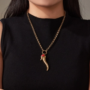 Gold-plated stainless steel chili horn necklace with red enamel and white zircon accents
