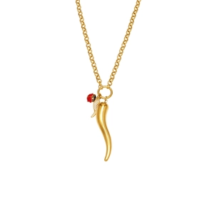 18K gold plated stainless steel necklace with horn, ladybug and zircon feather charms