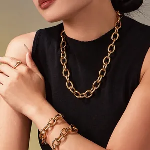 Collier Et Bracelet À Chaîne Épaisse Acier Inoxydable Plaqué Or Punk Hip Hop Style Urbain Bijoux De Mode Accessoire Femme
