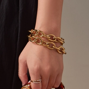 Ensemble bracelet chaîne à gros maillons en acier inoxydable plaqué or 18k et bague