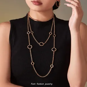 Lange Pullover Kette Halskette Für Damen Edelstahl Mit Zirkonia Hohle Kreisanhänger Lagenlook Mode Schmuck