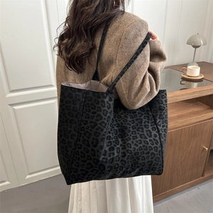 Grand sac cabas rétro imprimé léopard en suédine pour femme, style automne-hiver