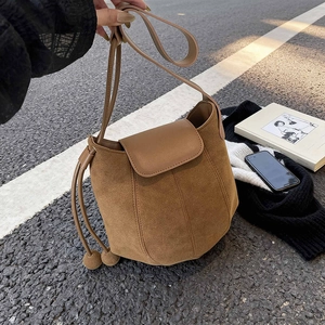 Retro Suede Shoulder Bucket Bag For Women With Drawstring Round Ball Charm Casual Crossbody Flap Purse