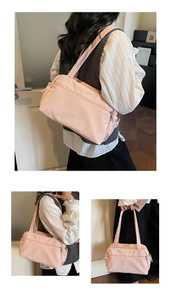 Pink nylon tote bag with front zipper pocket shown in hand-carry and shoulder-wear styles