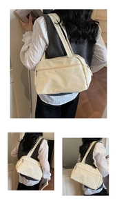 Three-way split view of a cream shoulder bag featuring double straps and outer zipper pocket