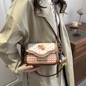 Chic cartoon embroidered crossbody square bag with bear charm and polka dot flap design