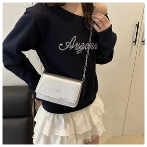 Detail of silver metallic textured crossbody bag with slim chain strap and logo