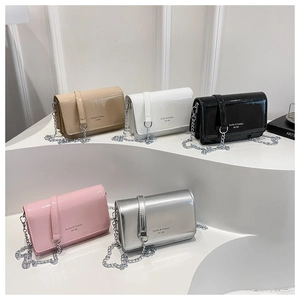 Detailed display of premium glossy chain bags in beige white black pink and silver