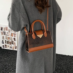 Brown crocodile pattern tote bag for women with gold clasp and detachable shoulder strap