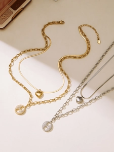 Colliers doubles en acier inoxydable avec pendentifs cœur et zircon en or et argent