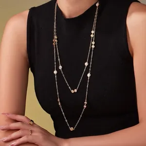 Long Sweater Chain Necklace With Cubic Zirconia Stainless Steel 18K Gold Plated Station Elegant Jewelry For Women