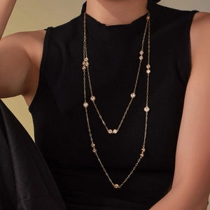 Elegant 18k gold plated stainless steel long necklace with sparkling zircon crystals